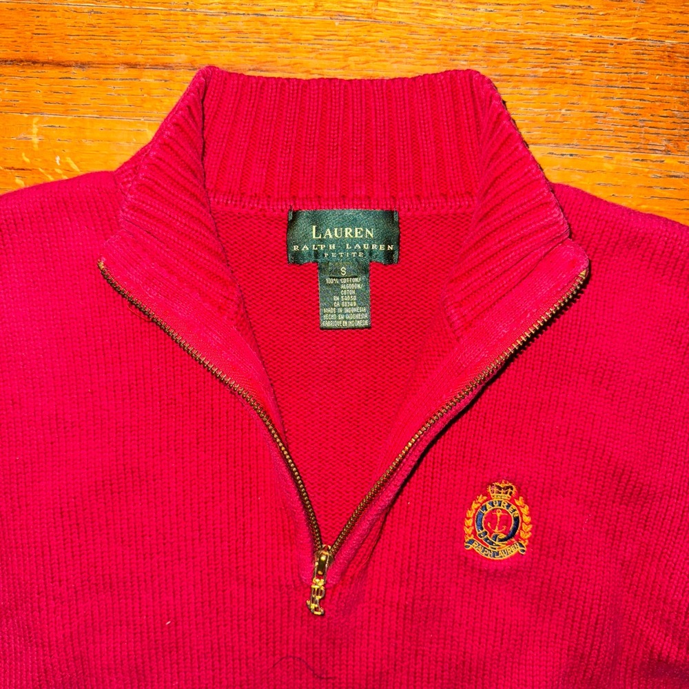 Lauren Ralph Lauren Petite Red Cotton‎ 1/4 Zip Sweater Crest Logo Size S - Picture 2 of 6